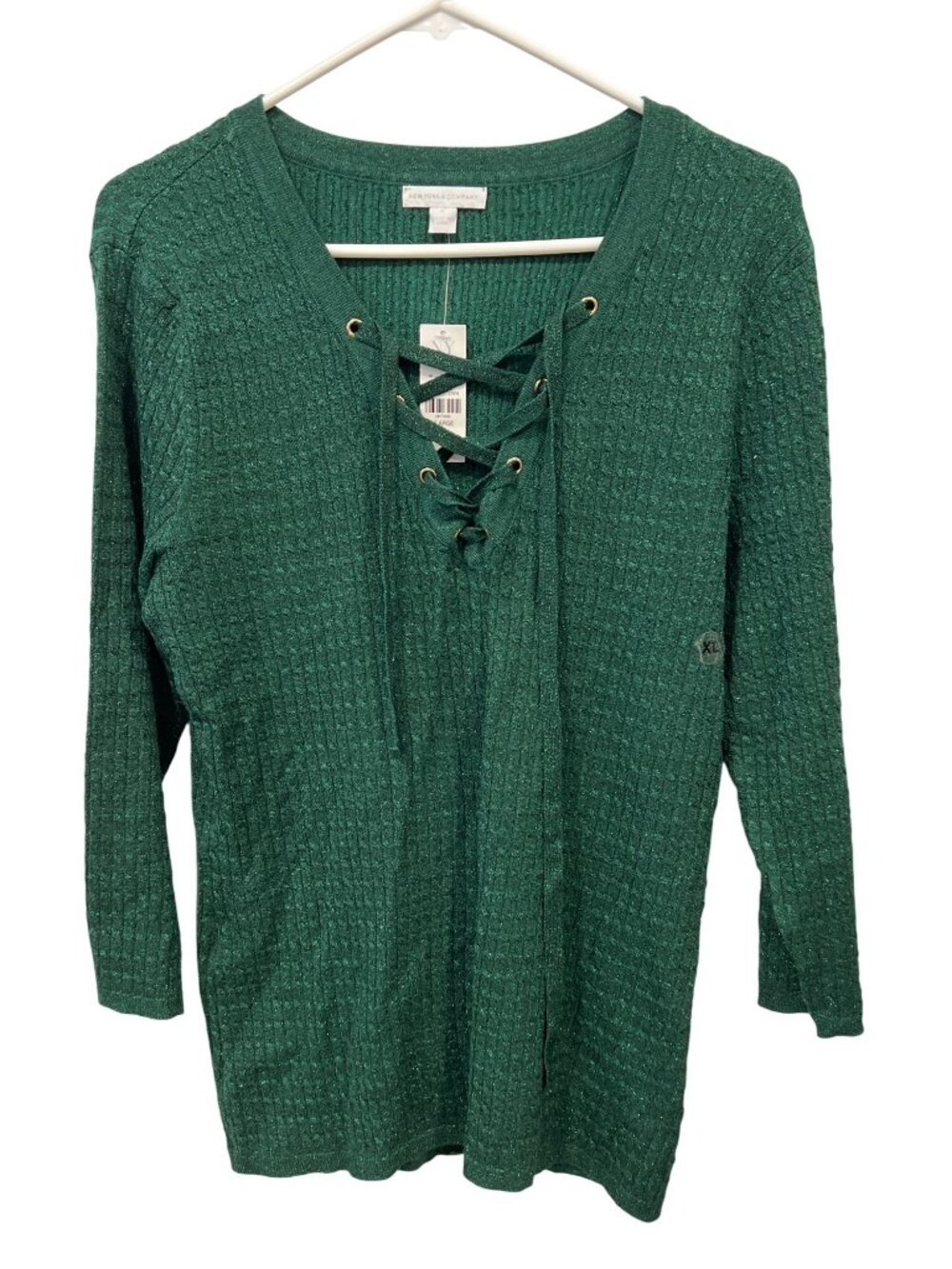New York & Co Sweater XL Waffle Knit Lace Up Neck Metallic Green Lounge NEW